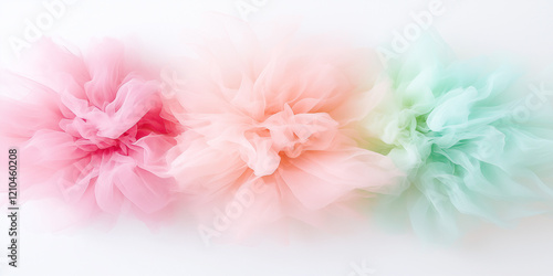 A soft, ethereal composition of pastel-colored tulle arranged like delicate flowers, creating a dreamy, airy aesthetic on a white background.