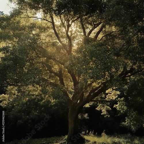 Sunlit Tree in Lush Forest: Serene Nature Photography