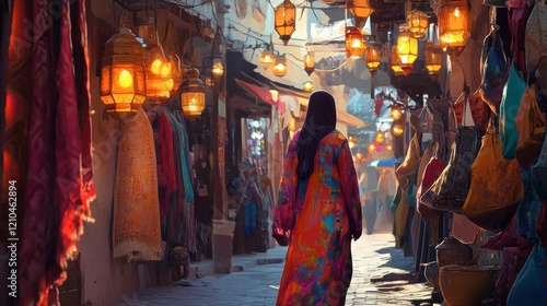 A woman wearing a vibrant abaya walking through an alleyway lined with lanterns and colorful textiles