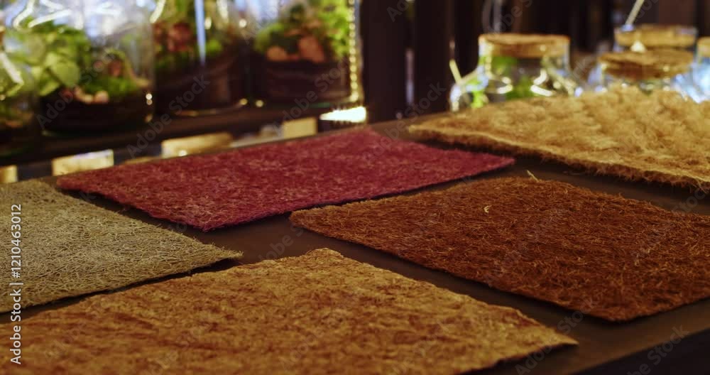 A Variety of Colorful and Textured Mats Showcased on Display in the Showroom Environment A Variety of Colorful and Textured Mats Showcased on Display in the Showroom Environment