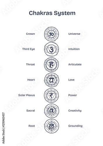Chakras system diagram showing seven chakras with symbols and meanings like Universe and Intuition. Important objects, symbols, labels, alignment. Doodle style diagram.