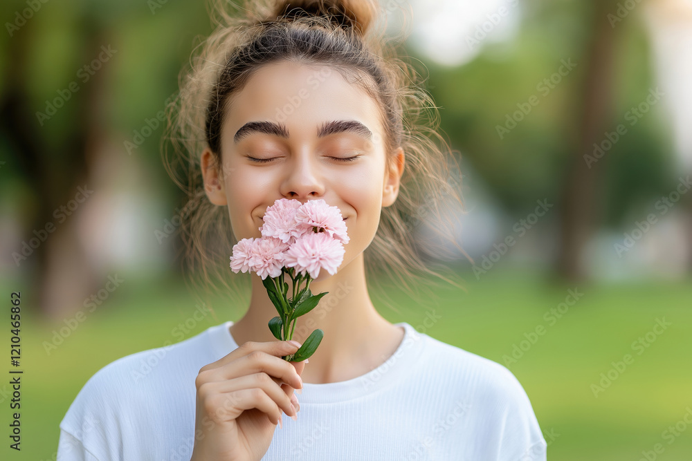 Woman enjoying the scent of pink flowers in a sunlit park during spring Woman enjoying the scent of pink flowers in a sunlit park during spring