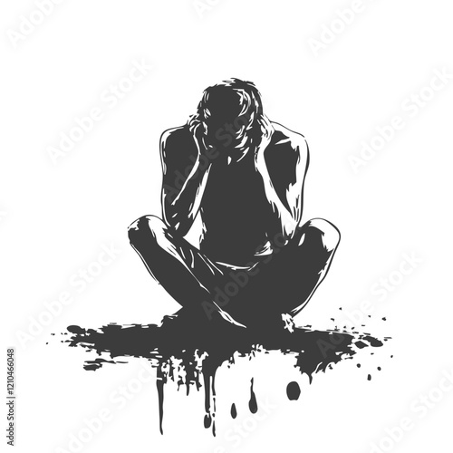 Abstract Ink Drawing of a Seated Figure in Despair. Vector Image