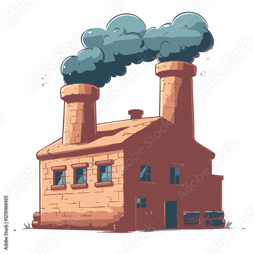 Brick Factory Building with Twin Smokestacks emitting Smoke. Vector Image