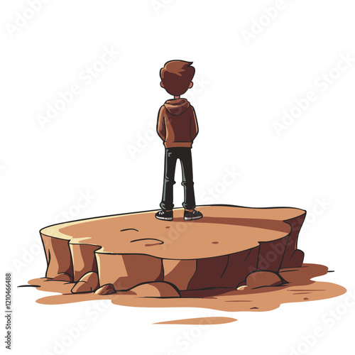 Boy Standing on Rock Outcropping. Vector Image