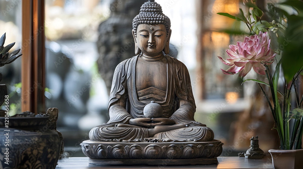 Fototapeta premium Serene Buddha Sculpture Amidst Indoor Garden Oasis with Natural Light : Generative AI