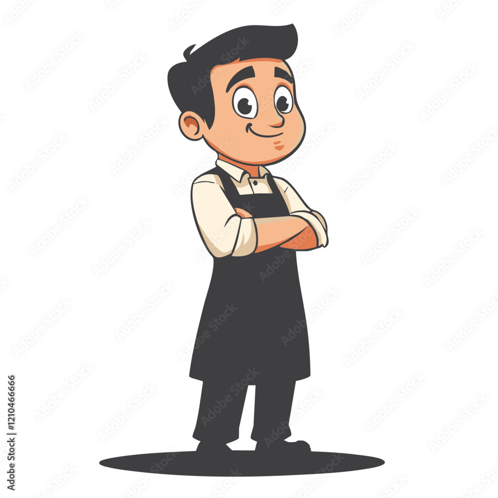 Cartoon character wearing an apron with arms crossed. Vector Image