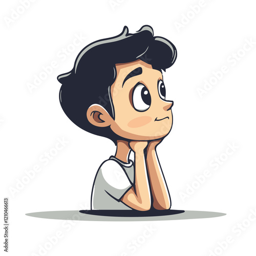 Cartoon Boy Daydreaming Contemplative Pose Illustration. Vector Image