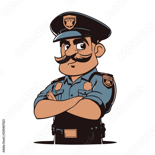 Cartoon Police Officer Arms Crossed Illustration. Vector Image