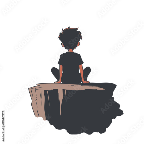 Child Sitting on a Clifftop. Vector Image