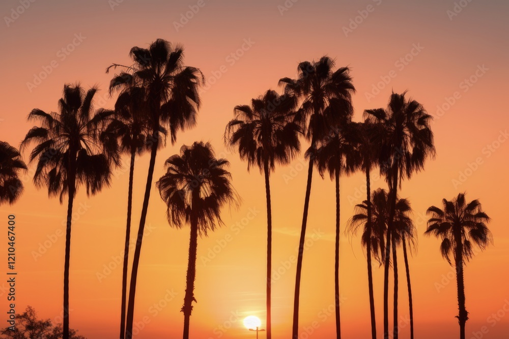 Silhouette Palm Trees at Sunset on Abbot Kinney, Venice Beach. Tropical Landscape of California Coastline with Colorful Sky over the Sea Silhouette Palm Trees at Sunset on Abbot Kinney, Venice Beach. Tropical Landscape of California Coastline with Colorful Sky over the Sea