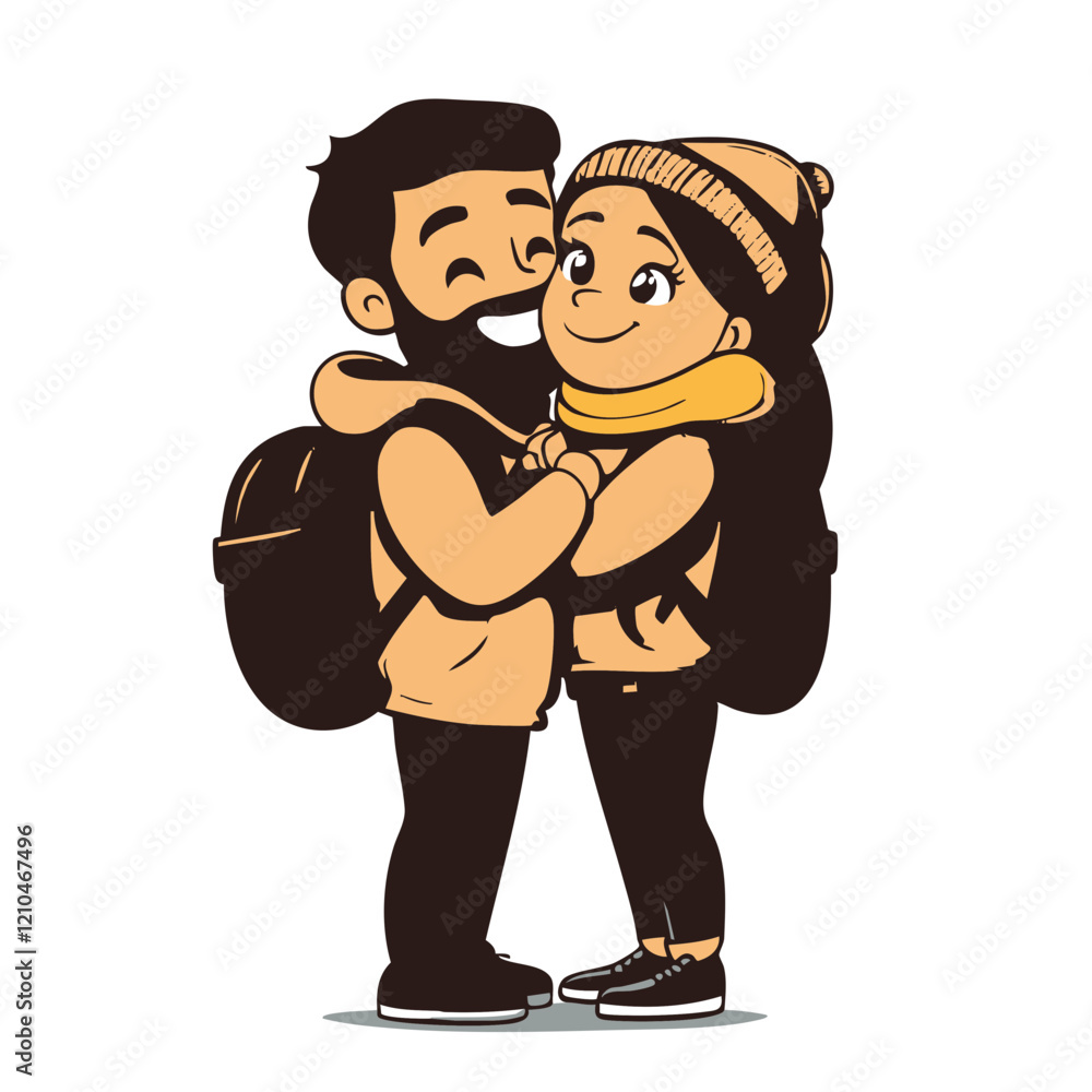 Couple with backpacks embracing joyfully. Vector Image