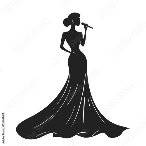 Elegant Woman Singing Silhouette. Vector Image