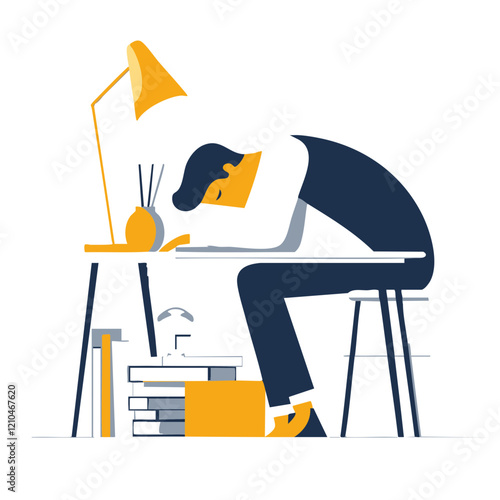 Exhausted Office Worker at Desk Overwhelmed by Workload. Vector Image
