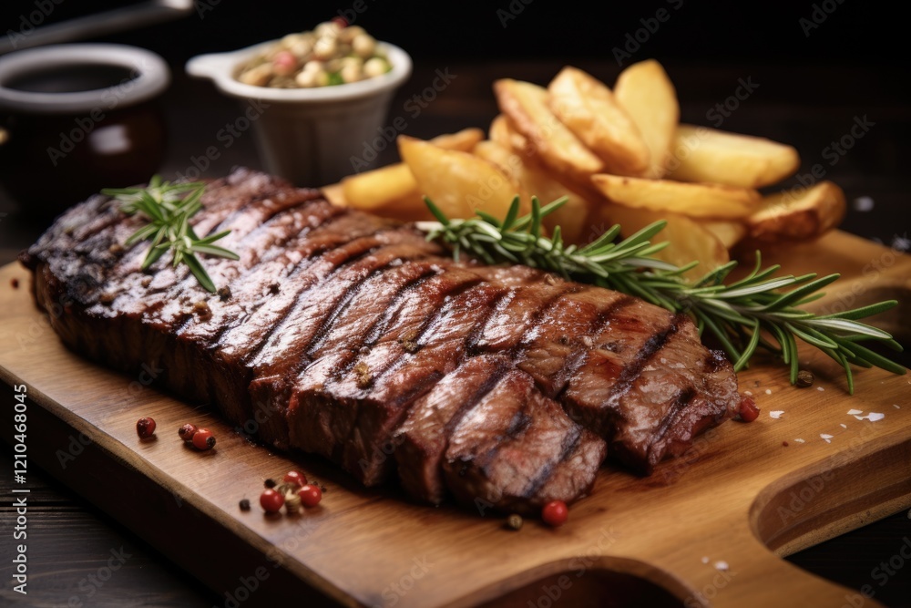Sizzling New York Striploin Steak: Grilled Meat with Potatoes and Sauce on Wooden Board - Perfectly Charred with Garlic and Pepper Sizzling New York Striploin Steak: Grilled Meat with Potatoes and Sauce on Wooden Board - Perfectly Charred with Garlic and Pepper