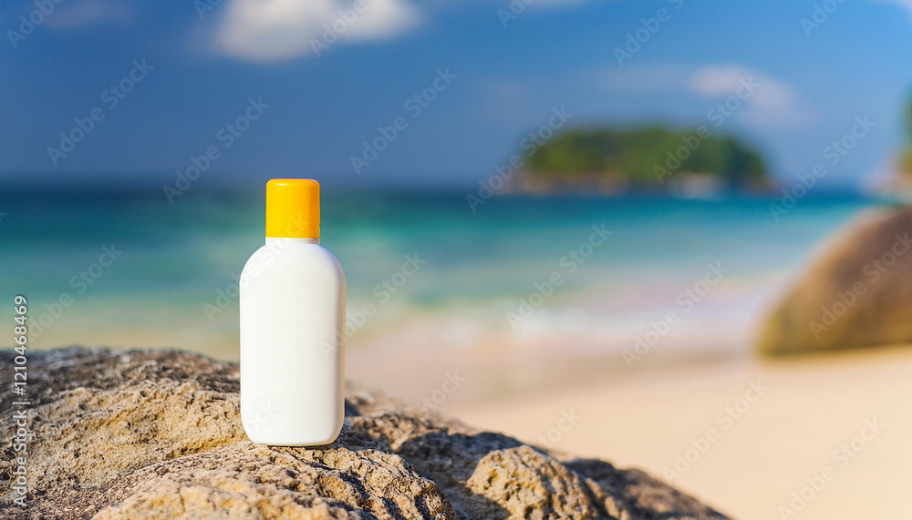 Sunscreen lotion cream on rock against sandy beach and blue ocean. Cosmetic product. Beauty concept. Sunscreen lotion cream on rock against sandy beach and blue ocean. Cosmetic product. Beauty concept.