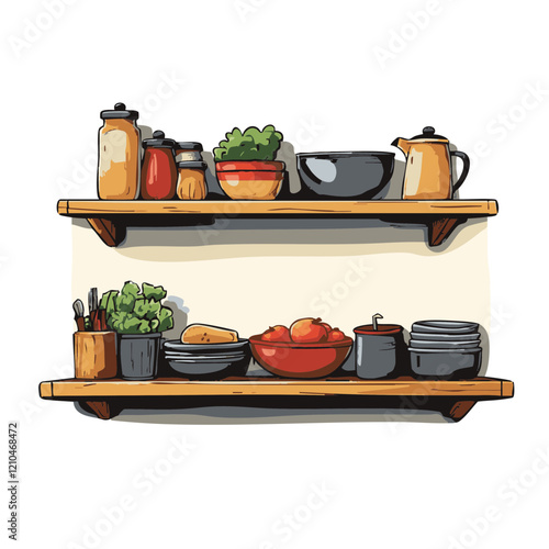 Kitchen Utensils and Food on Wooden Shelves. Vector Image