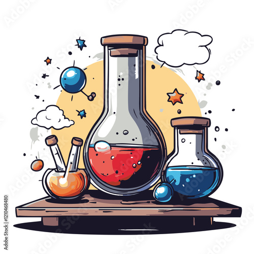 Laboratory glassware with colorful liquids on a wooden surface. Vector Image