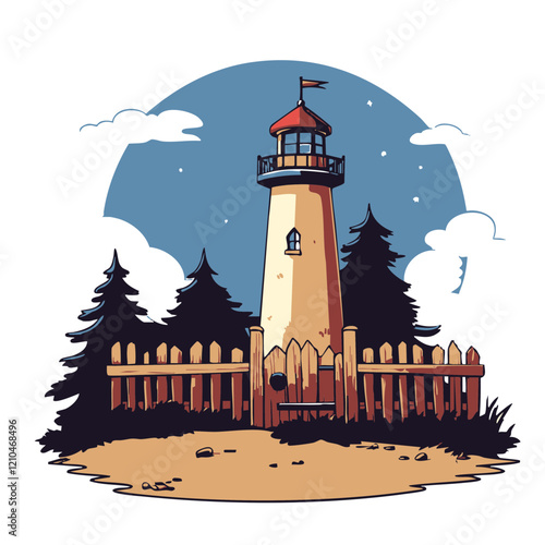 Lighthouse by Wooden Fence in Coniferous Forest. Vector Image