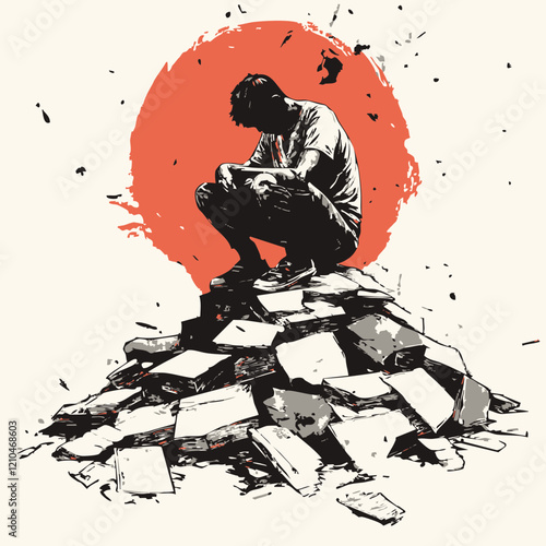 Man Contemplating Amidst a Pile of Documents. Vector Image