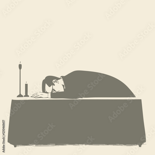 Man Leaning on Table with Candle. Vector Image