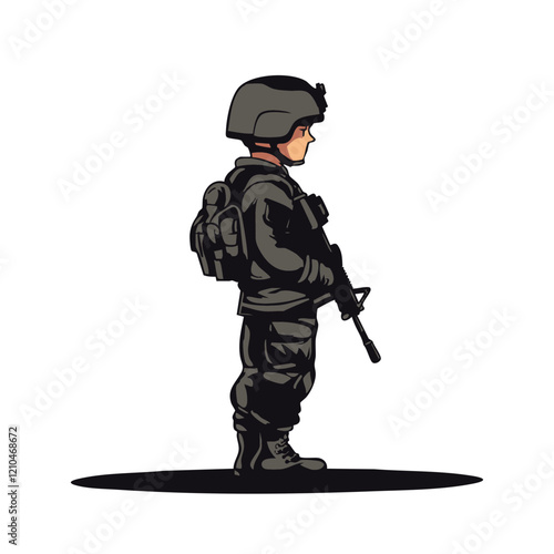 Military Soldier Standing Guard with Rifle and Backpack. Vector Image