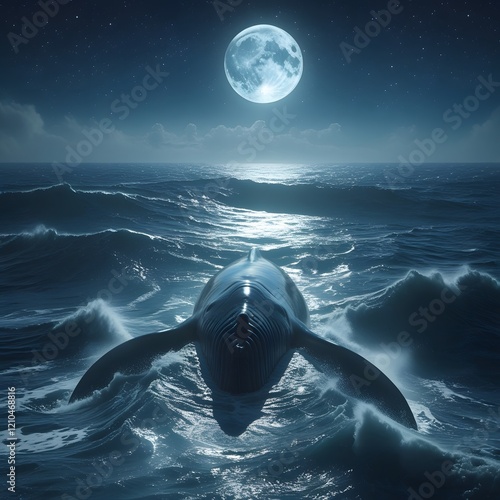 big blue whale in the oceon under the moon at the night photo