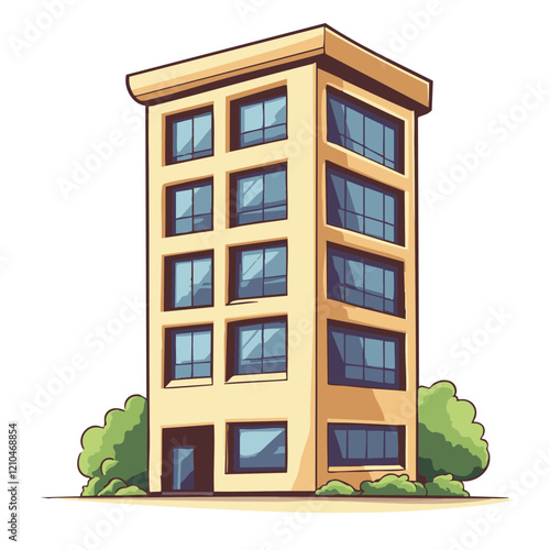 Multistory Building with Green Landscaping Illustration. Vector Image