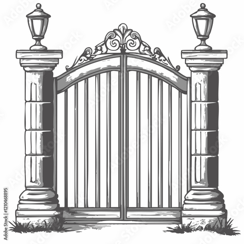 Ornate Gate with Pillars and Lampposts. Vector Image