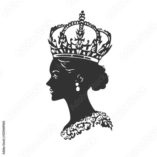 Queen Silhouette with Ornate Crown and Earrings. Vector Image