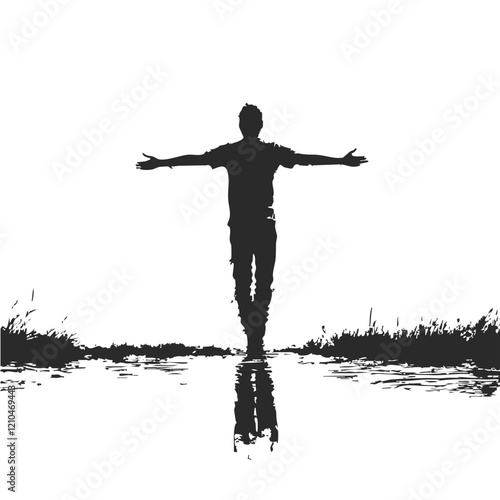 Silhouette of a man with outstretched arms reflected in water. Vector Image