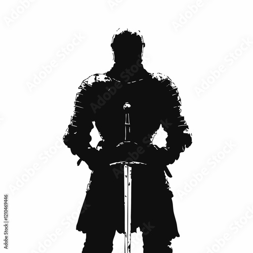 Silhouette of a Medieval Knight with Sword. Vector Image