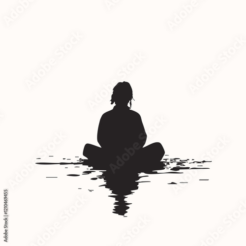 Silhouette of a person meditating by water. Vector Image