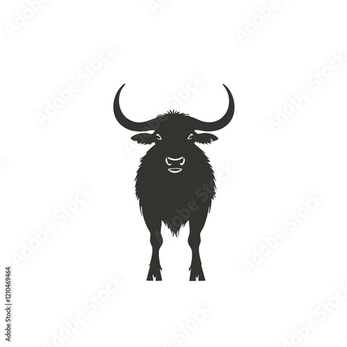 Silhouette of a long horned bull facing forward. Vector Image