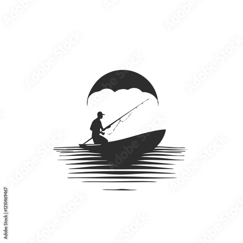 Silhouette of Fisherman in Boat at Sunset. Vector Image