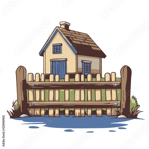 Small House with Wooden Fence by Water. Vector Image