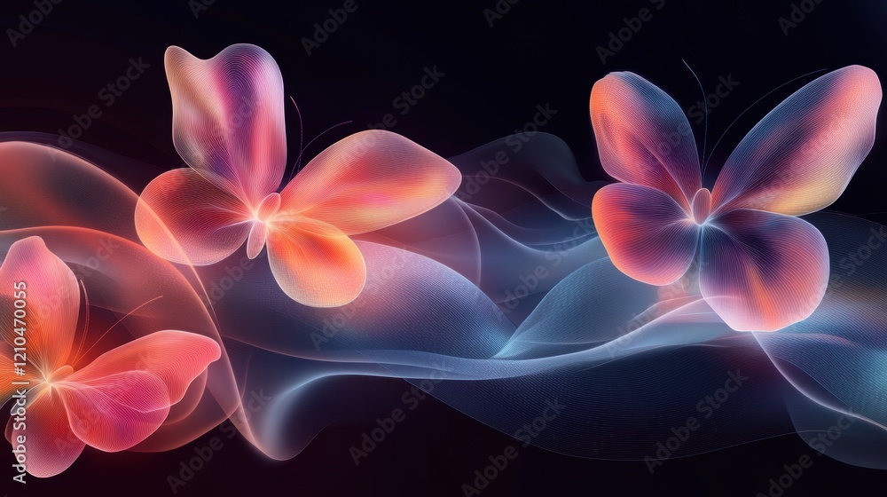 Ethereal butterfly dance: abstract neon butterflies on dark background Ethereal butterfly dance: abstract neon butterflies on dark background