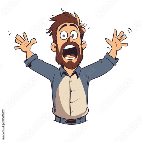 Surprised Man with Beard Raising Hands in Shock. Vector Image
