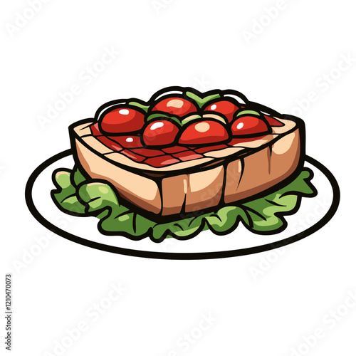 Tomato and bread appetizer on plate with lettuce. Vector Image