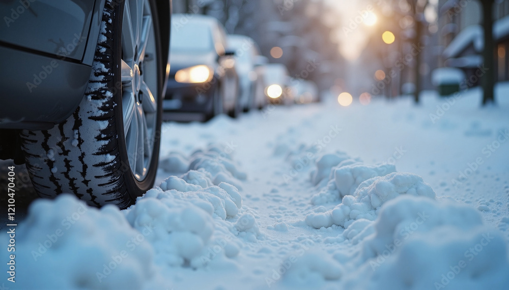 Footprints in snow beside parked cars at sunset, winter journey Footprints in snow beside parked cars at sunset, winter journey
