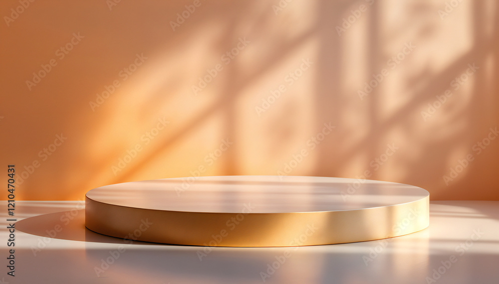 Round golden podium with sunlight shadow on peach background Round golden podium with sunlight shadow on peach background