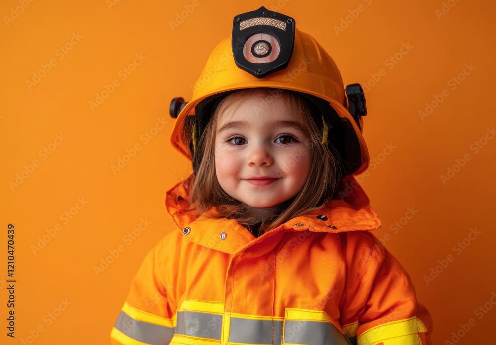 Brightly dressed child in an orange firefighter outfit and helmet poses cheerfully against a vibrant orange backdrop, showcasing a sense of fun and imagination. Brightly dressed child in an orange firefighter outfit and helmet poses cheerfully against a vibrant orange backdrop, showcasing a sense of fun and imagination.