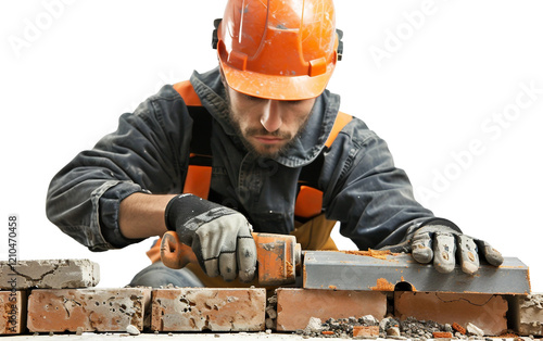 Construction worker using a brick jointer to smooth mortar joints at a construction site Isolated on Transparent background PNG photo