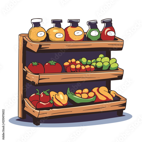 Wooden Produce Stand with Fruits and Bottles of Juice. Vector Image