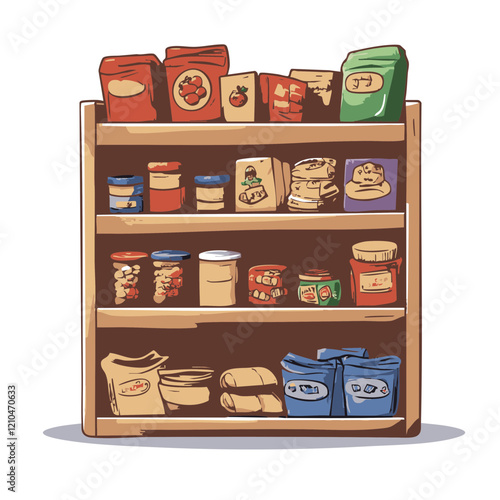 Wooden Shelf with Variety of Food Items. Vector Image