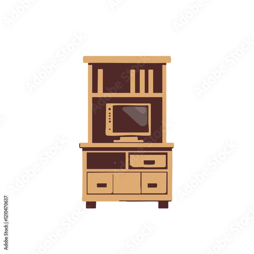 Wooden Entertainment Center with TV and Shelves. Vector Image