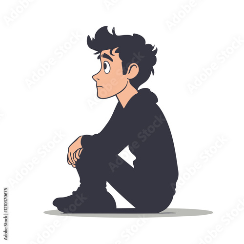 Youthful Boy Sitting Pensively Contemplative Posture Illustration. Vector Image