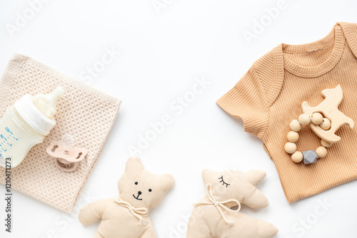 Flat lay with eco friendly baby cloth and accessories. Sustainable lifestyle, zero waste background