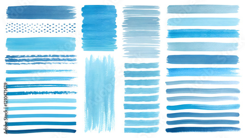 Set of watercolor blue brush strokes, lines, and stripes. A collection of hand-drawn design elements featuring uneven lines, doodle streaks, gradient smears, and underlines in water blue shades.