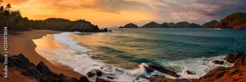 Tropical Paradise at Sunset in Mazunte Beach, Oaxaca. Magnificent View of the Bay and Landscape with Vibrant Colors. Perfect for Vacation photo